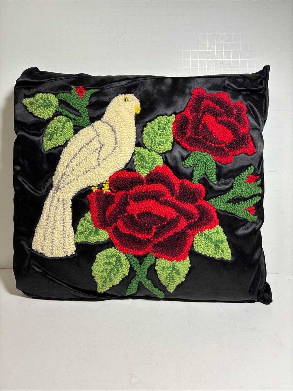 Vintage needlepoint floral throw pillow, Rug Hooked On Satin, 14” X 14”  1950s